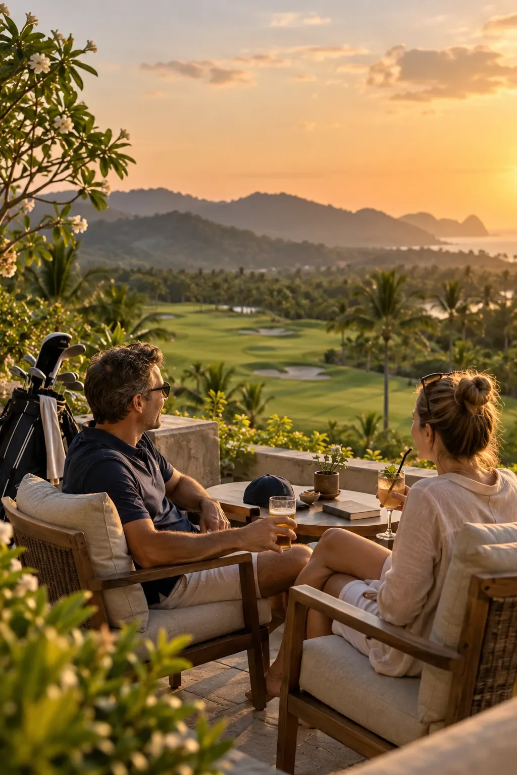 A couple relaxing on a resort terrace above a golf fairway at sunset, a golf bag beside them.