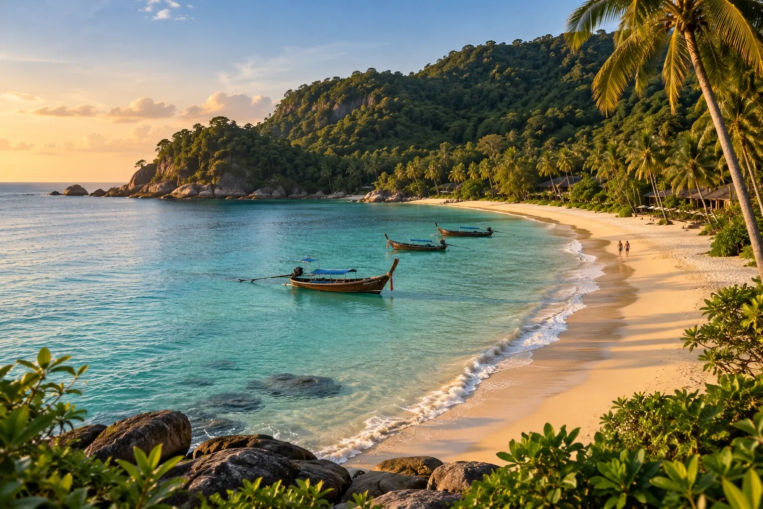 A curving tropical beach with longtail boats in turquoise water and jungle-covered hills behind.