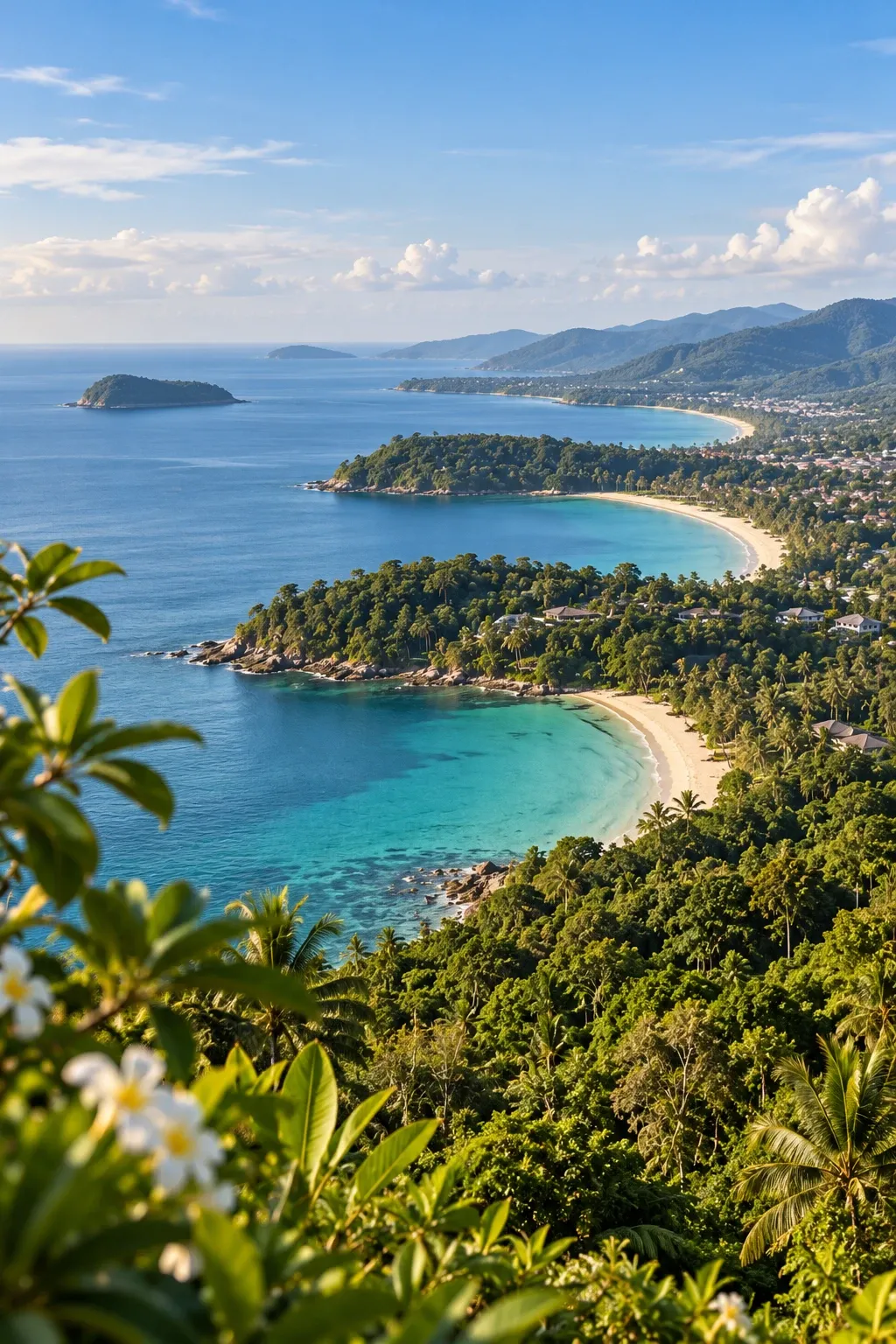 Looking down from a jungle-covered hillside over curving bays, white beaches and turquoise water on Phuket's west coast.